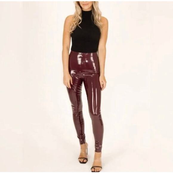 Spanx Faux Patent Leather Liquid Leggings Ruby Red Size L High Waisted NWOT - Picture 1 of 10